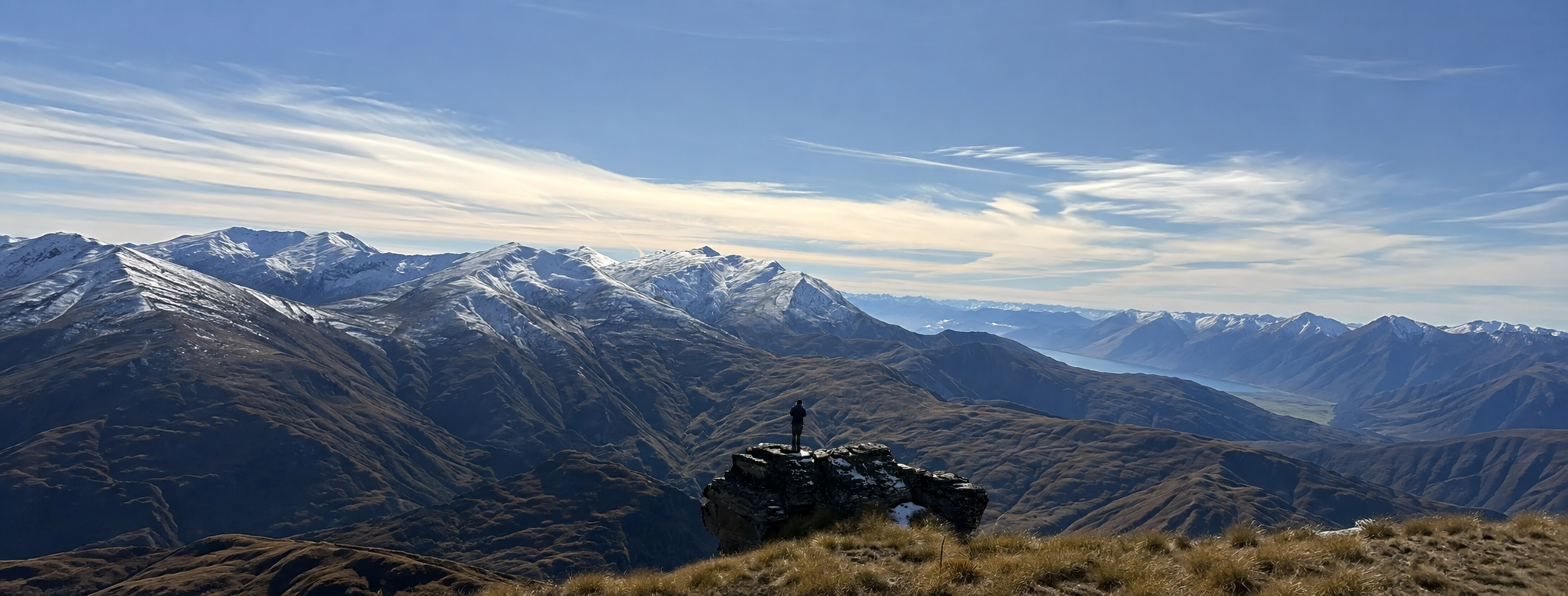 A traveller overlooking New Zealand mountain ranges